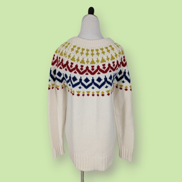 J. Crew Wool Blend Fair Isle Ski Sweater   M Ivory/Blue/Red/Gold Off White K4650 - Picture 2 of 6